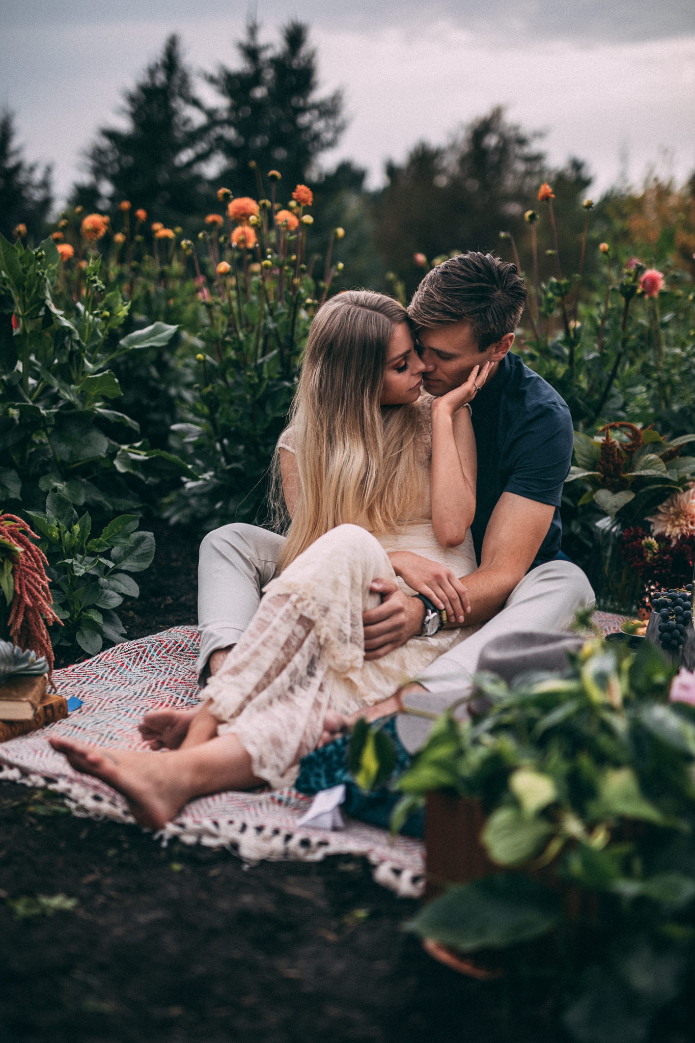 rainy flower picking engagement