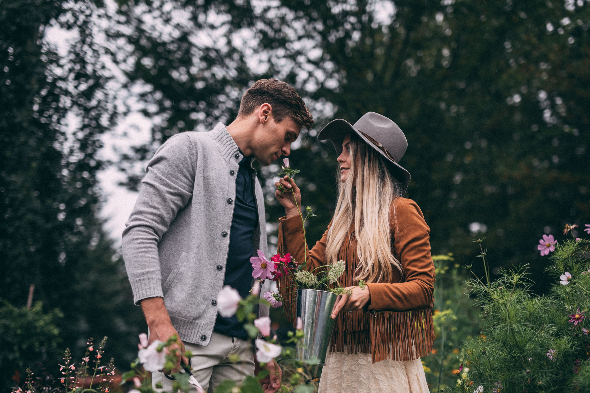 flower picking engagement session