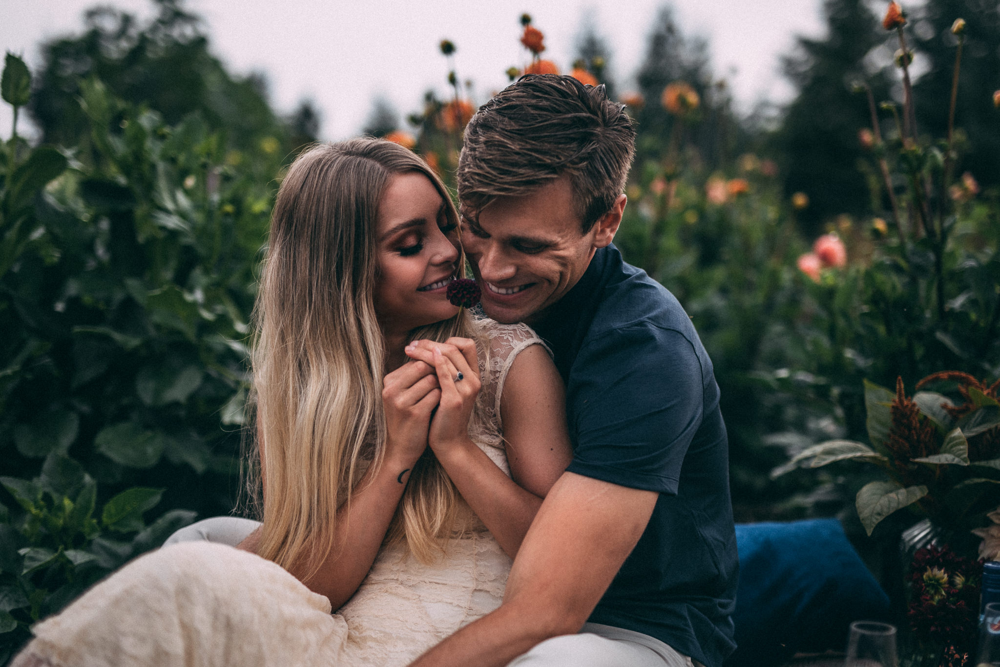 rainy flower picking engagement